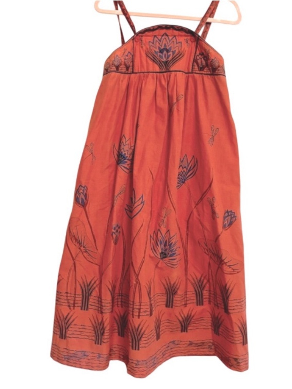 Handmade Boho Burnt Orange Lotus Dragonfly Embroidered Empire Waist Midi Dress
